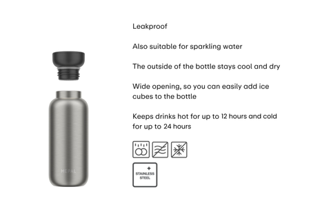 Stainless steel water bottle with features listed on a white background