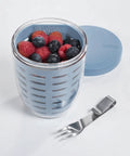 Container with berries, blue lid, and fork on a white background