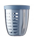 Blue plastic strainer with a lid on a white background