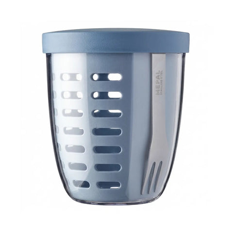Blue plastic strainer with a lid on a white background