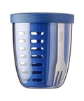 Blue and clear tumbler with a lid on a white background