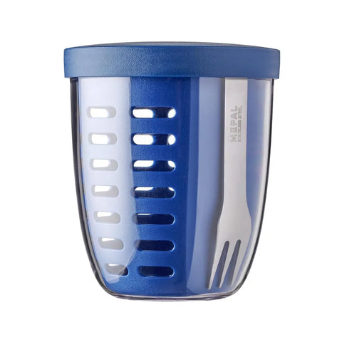 Blue and clear tumbler with a lid on a white background