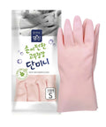 Pink rubber gloves with packaging on a white background