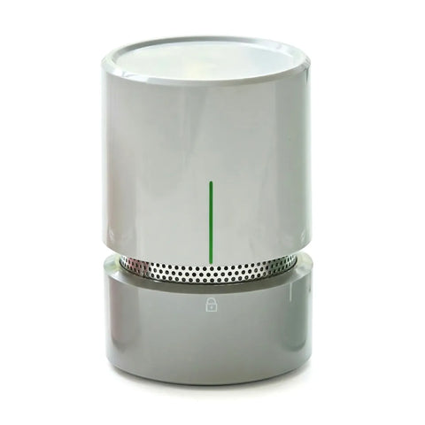 White cylindrical food moisture remover with a green stripe on a white background