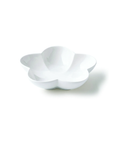A white ceramic flower-shaped bowl with a glossy finish, photographed on a seamless white background with a soft shadow.