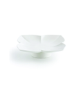 A white ceramic flower-shaped dish with a pedestal base, photographed on a seamless white background.