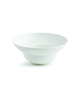 A minimalist white ceramic bowl with a wide, gently sloping rim and a rounded pedestal base, shown on a seamless white background.