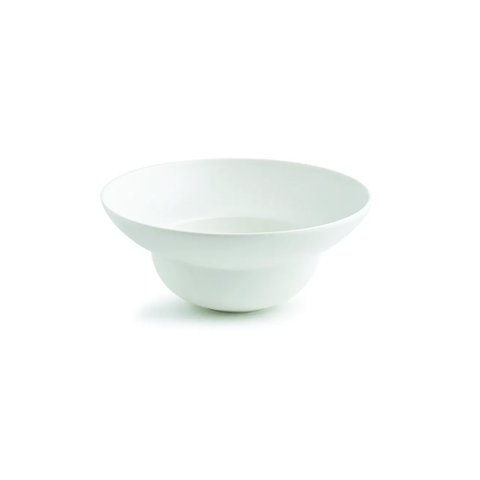 A minimalist white ceramic bowl with a wide, gently sloping rim and a rounded pedestal base, shown on a seamless white background.