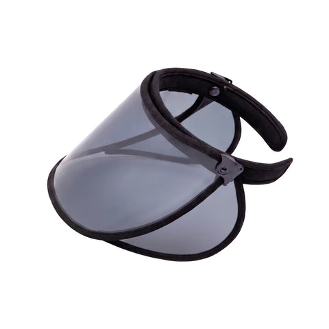 Black adjustable visor hat with a translucent tinted visor on a white background