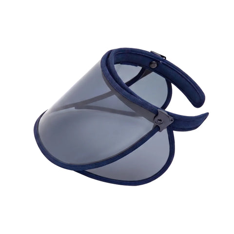 Blue adjustable visor hat with a translucent tinted visor on a white background