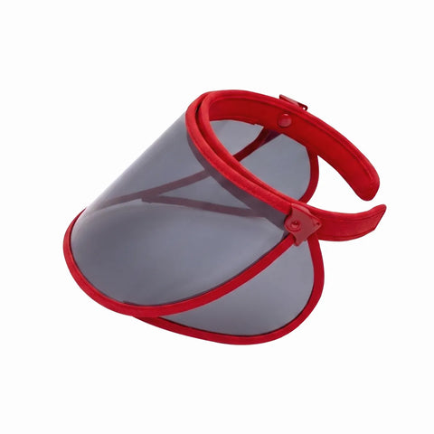 Red adjustable visor hat with a translucent tinted visor on a white background