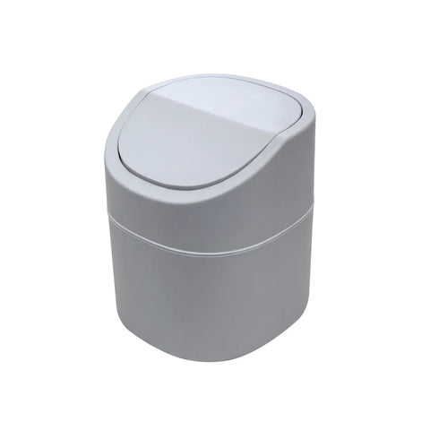 Gray trash can with a white lid on a white background