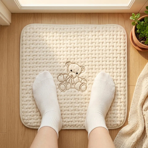 Person wearing white socks on a textured mat with a teddy bear design on a wooden floor.