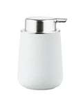 A modern cylindrical dispenser with a matte white body and a brushed silver metallic pump cap, shown on a solid white background.