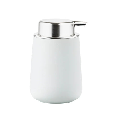 A modern cylindrical dispenser with a matte white body and a brushed silver metallic pump cap, shown on a solid white background.