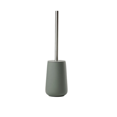 Green toilet brush with a metal handle on a white background