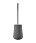 Gray toilet brush with a stainless steel handle on a white background