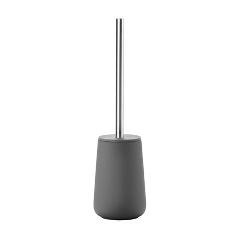 Gray toilet brush with a stainless steel handle on a white background