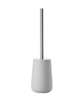 Gray toilet brush with a metallic handle on a white background