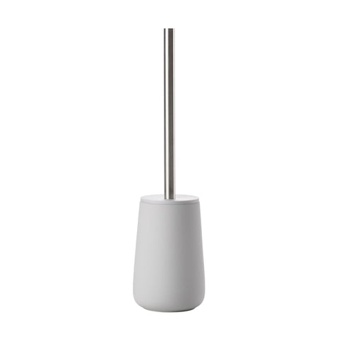 Gray toilet brush with a metallic handle on a white background