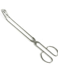 Stainless steel triangle tongs on a white background.