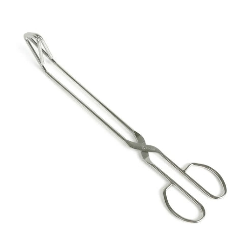 Stainless steel triangle tongs on a white background.