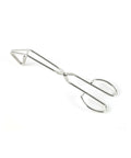 Stainless steel triangle tongs on a white background.