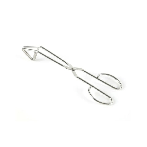 Stainless steel triangle tongs on a white background.