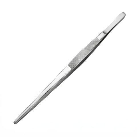 Stainless steel thin pincet-style plating tongs on a white background.