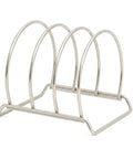 Circular stainless steel cutting board organizer on a white background.
