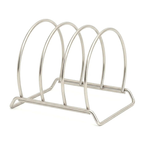 Circular stainless steel cutting board organizer on a white background.