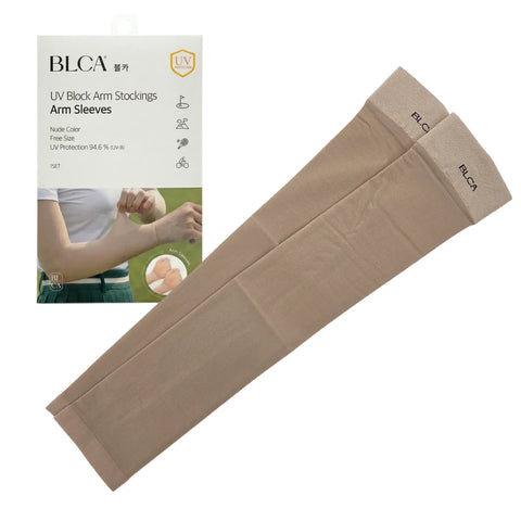 Beige arm sleeves with packaging displaying 'BLCA' brand on a white background