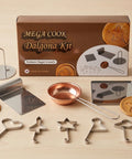 Mega Cook Dalgona Kit with cookie cutters and a bowl on a beige background