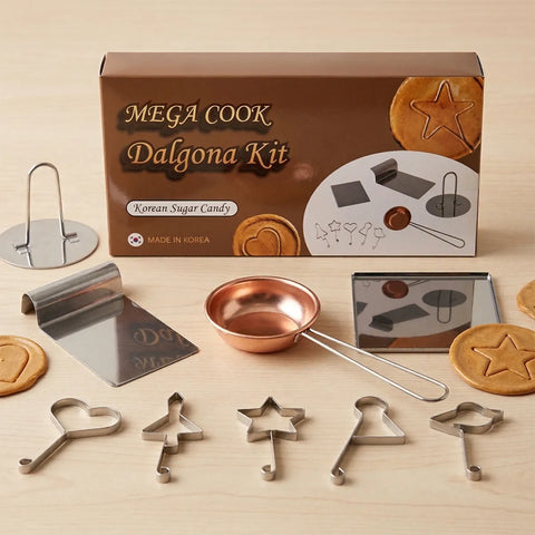 Mega Cook Dalgona Kit with cookie cutters and a bowl on a beige background