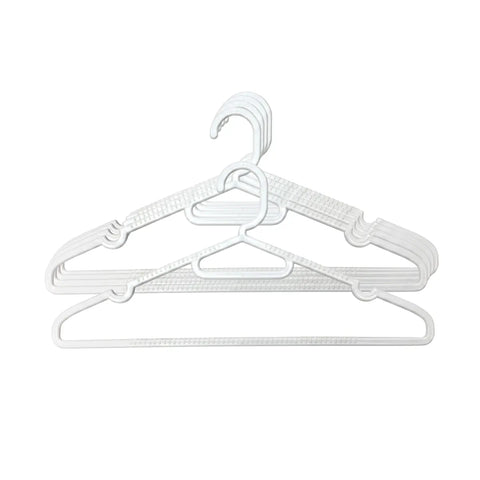 Three white plastic clothes hangers with textured inner lining, stacked together on a plain white background.
