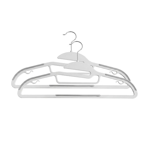 Two white plastic hangers with silver metal hooks, shown overlapping on a plain white background.