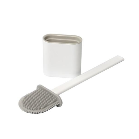 A white toilet brush with a gray silicone scrubber head, shown next to its matching white cylindrical holder on a plain white background.