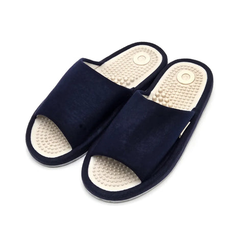 A pair of navy blue open-toe slip-on slippers with textured beige footbeds, shown on a plain white background.