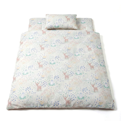 Children's bedding set with deer pattern on a white background