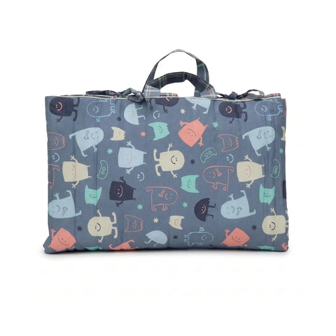 Foldable sleeping bag with cartoon character pattern on a white background