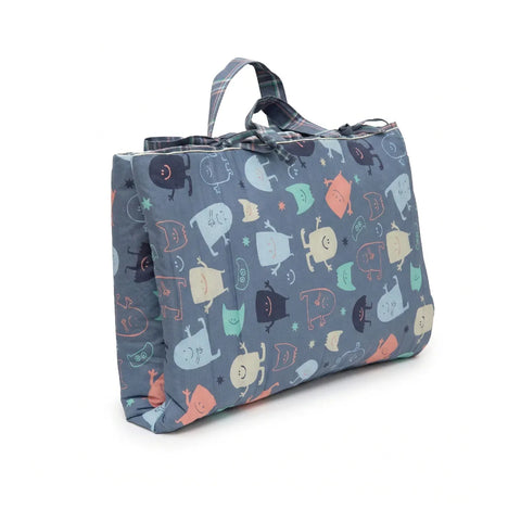 Foldable sleeping bag with cartoon character pattern on a white background