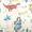 Children's fabric with cartoon dinosaurs and plants on a white background
