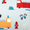 Children's fabric with fire truck, ambulance, and firefighter hat pattern on a light blue background