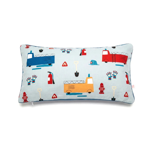 Decorative pillow with colorful fire truck and safety gear pattern on a white background