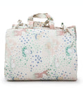 Floral patterned bag with forest animal designs on a white background