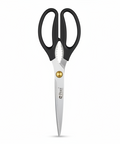 Pair of scissors with black handles on a white background