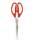 Red handled kitchen scissors on a white background