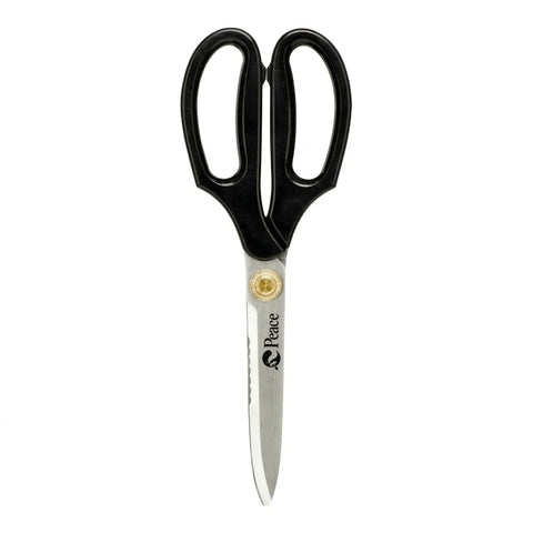 Black-handled scissors with 'Peace' branding on a white background