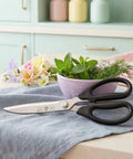 Scissors on a kitchen counter with a bowl of herbs and flowers in the background.