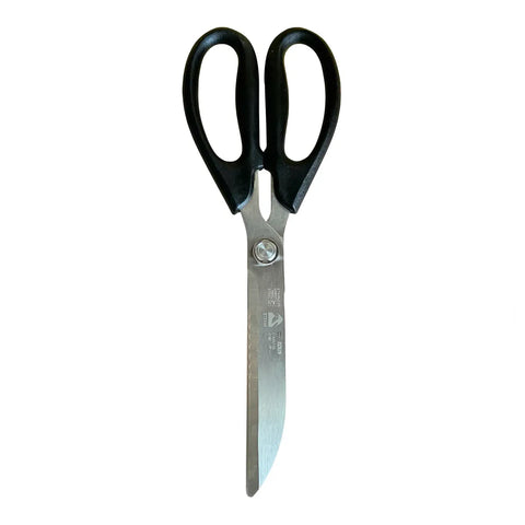 Black handled kitchen scissors on a white background